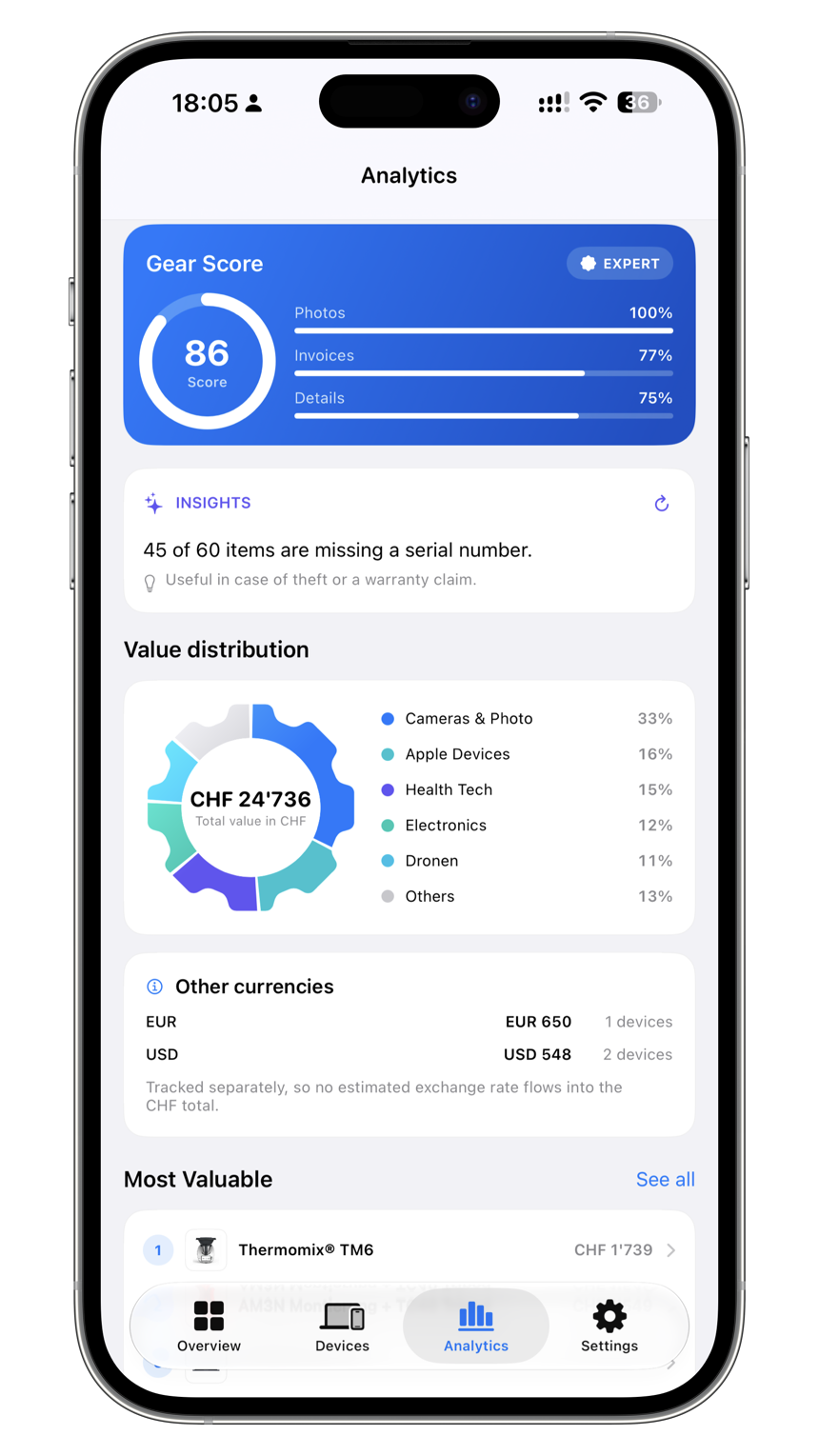 GearMate Analytics mit Gear Score und Wertverteilung